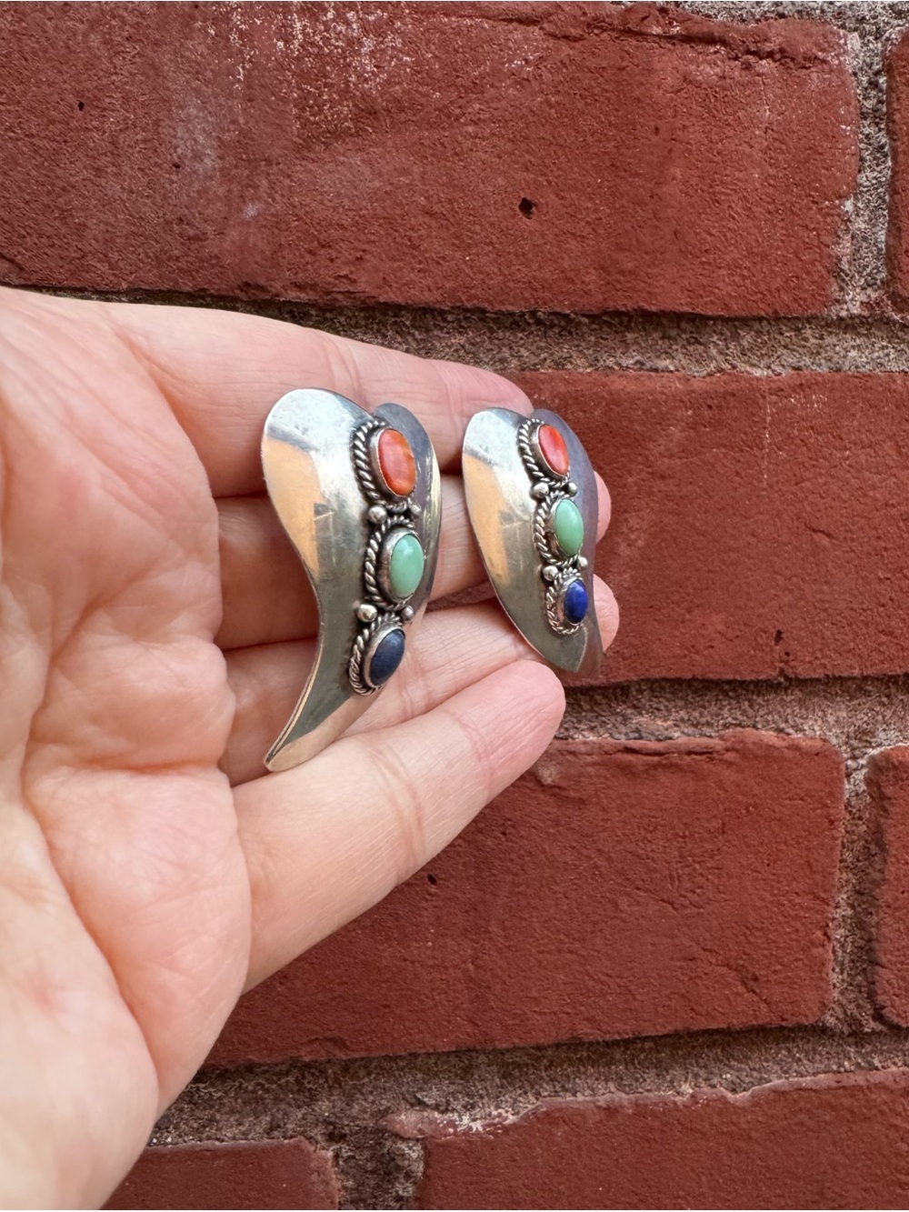 Native, Large Heart Earrings - Sterling, Lapis, Spiny Oyster & Turquoise - Picture 3 of 6